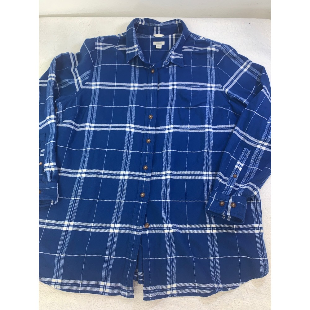 LL Bean Women 1X Blue White Plaid Organic Cotton Flannel Button Down Shirt
